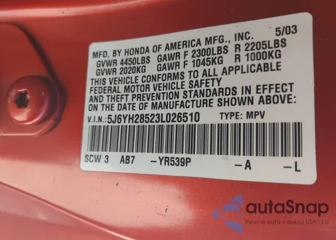 2003 Honda Element Ex из США, поврежденный, VIN 5J6YH28523L026510